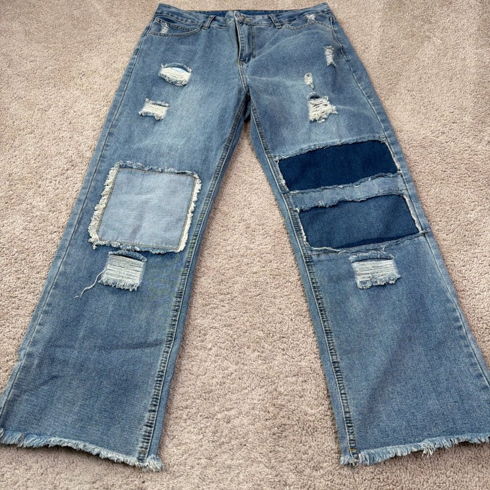 Patchwork Boho Wide Leg Jeans Womens L Blue Patch Distressed Indie Festival - Picture 2 of 10